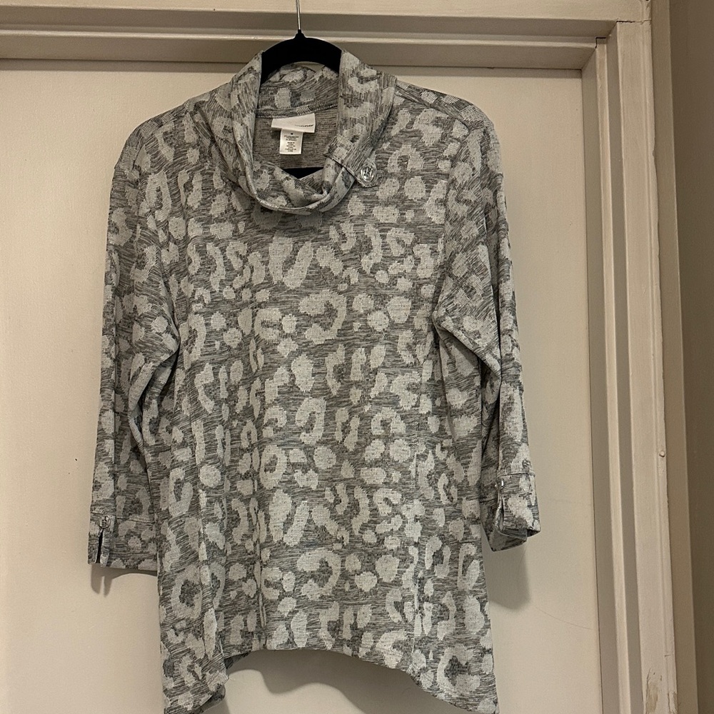 Alfred Dunner Gray Animal Print Cowl Neck Sweater